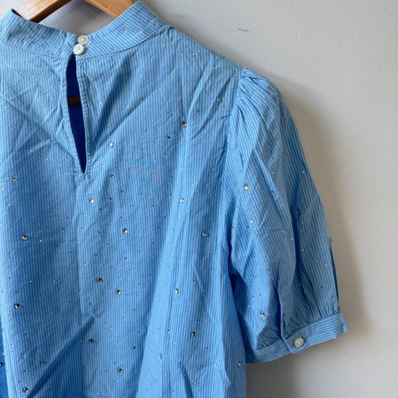 NWT Loft Blue White Striped Short Puff Sleeve Blouse Glitter Dots Cottagecore - Picture 10 of 15